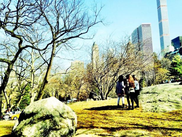 Drei junge Frauen stehen im Central Park mit Blick auf die Skyline von New York.