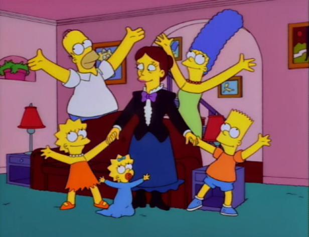 Die Simpsons und eine Frau im viktorianischen Stil posieren mit erhobenen Armen.