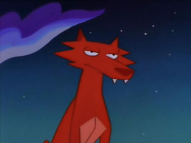 Ein roter Cartoon-Hund mit spitzem Gesichtsausdruck vor einem Nachthimmel.