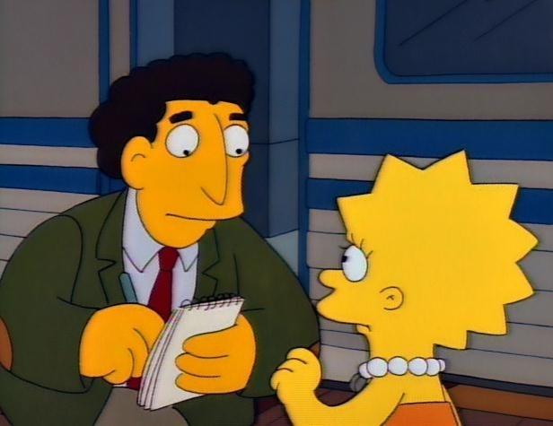Lisa Simpson spricht mit einem Mann, der Notizen macht.