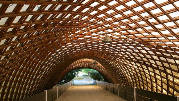 Die Multihalle Mannheim mit ihrer markanten Holzgitterkonstruktion.