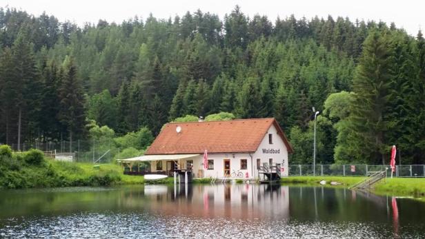 Das Waldhaus am See liegt idyllisch vor einem dichten Wald.