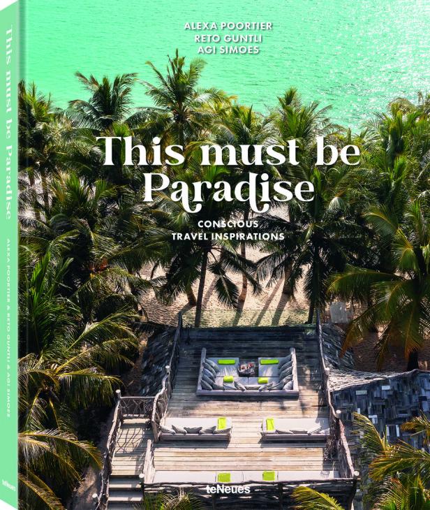 Das Buch „This Must Be Paradise“ mit Palmen und Meer im Hintergrund.