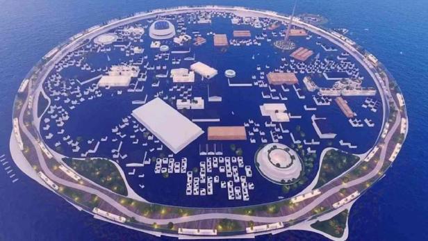 Eine Luftaufnahme der geplanten schwimmenden Stadt Dogen City.