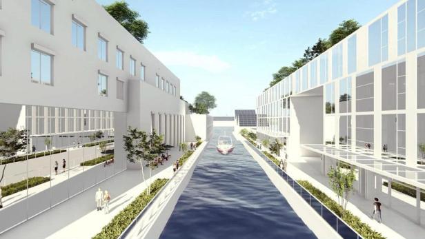 Ein Kanal mit einem Boot, umgeben von modernen, weißen Gebäuden in Dogen City.