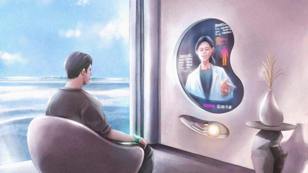 Ein Mann hat eine Online-Arztkonsultation mit einer Ärztin auf einem Bildschirm.