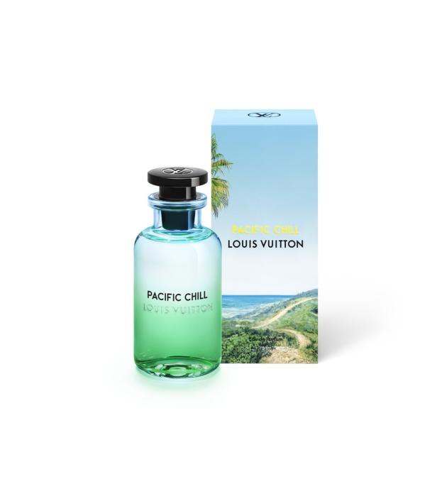 Eine Flasche „Pacific Chill“ von Louis Vuitton steht vor der passenden Verpackung.