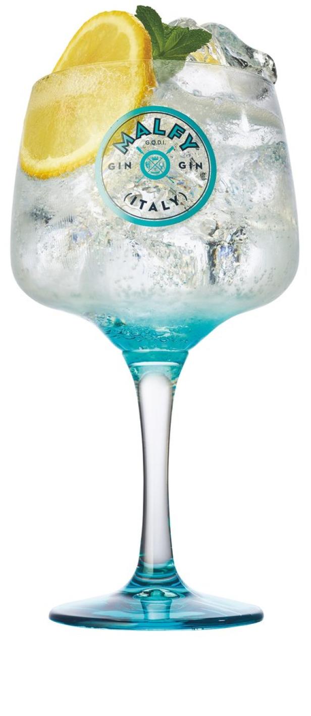 Ein Glas Malfy Gin mit Eis, einer Zitronenscheibe und Minze.