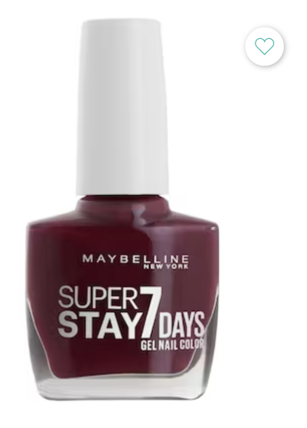 Eine Flasche Maybelline Super Stay 7 Days Nagellack in einem dunklen Rotton.