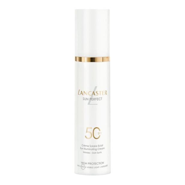 Eine Flasche Lancaster Sun Perfect Sonnencreme mit Lichtschutzfaktor 50.