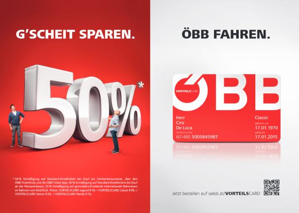 Eine ÖBB-Werbung mit dem Slogan „G'scheit sparen. ÖBB fahren.“ und einer roten Vorteilscard.