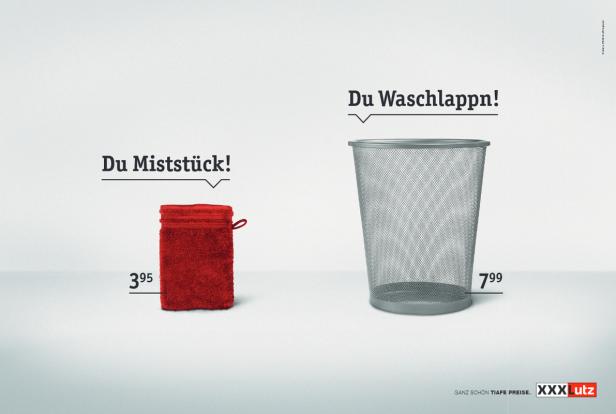 Ein roter Waschlappen und ein Papierkorb werden mit „Du Miststück!“ und „Du Waschlappn!“ betitelt.