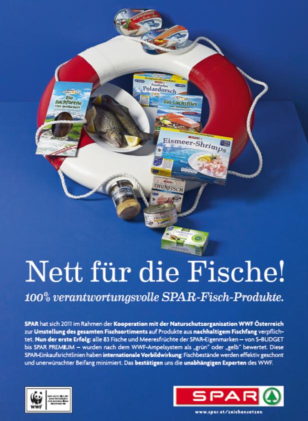 Ein Rettungsring präsentiert eine Auswahl von SPAR-Fischprodukten, darunter Forelle, Thunfisch und Shrimps.