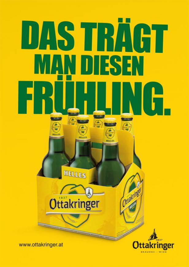 Ein Sixpack Ottakringer Bier vor gelbem Hintergrund mit dem Text „Das trägt man diesen Frühling“.