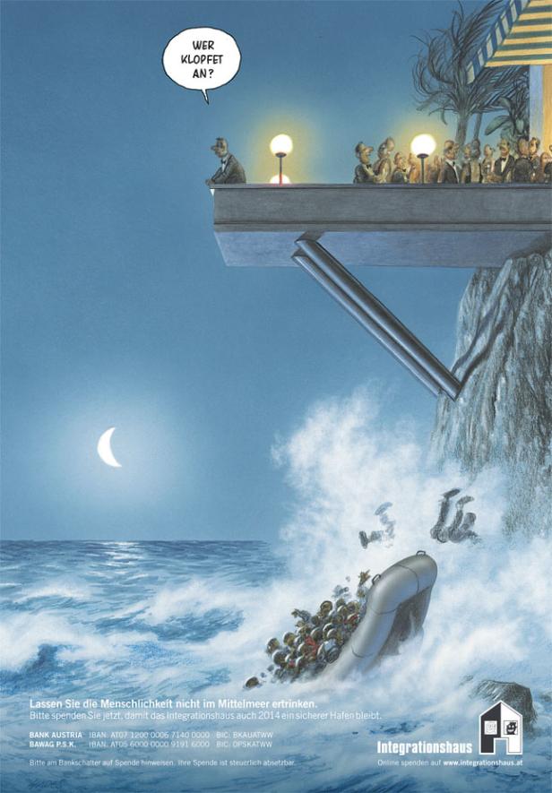 Illustration einer Szene, in der eine Gruppe wohlhabender Menschen auf eine sinkende Flüchtlingsboot herabblickt.