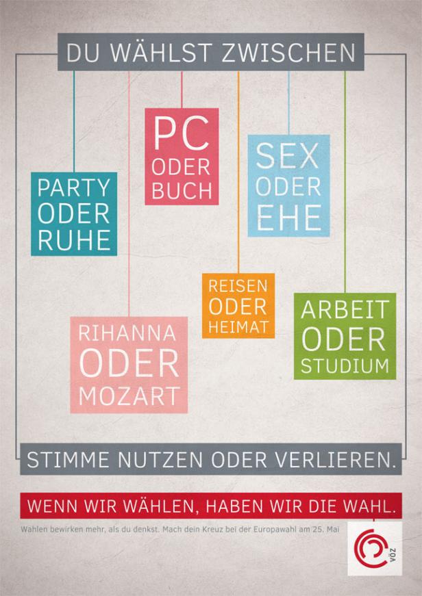 Eine Wahlkampfgrafik mit der Aufschrift „Du wählst zwischen“ und verschiedenen Alternativen wie Party oder Ruhe.