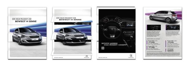 Eine Werbeanzeige für den neuen Peugeot 308 mit verschiedenen Ansichten des Autos.