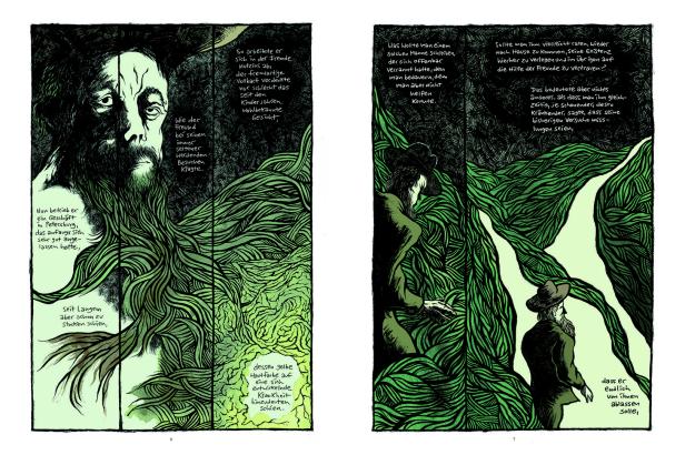 Eine Comic-Illustration mit zwei Männern, umgeben von grünen, rankenartigen Formen.
