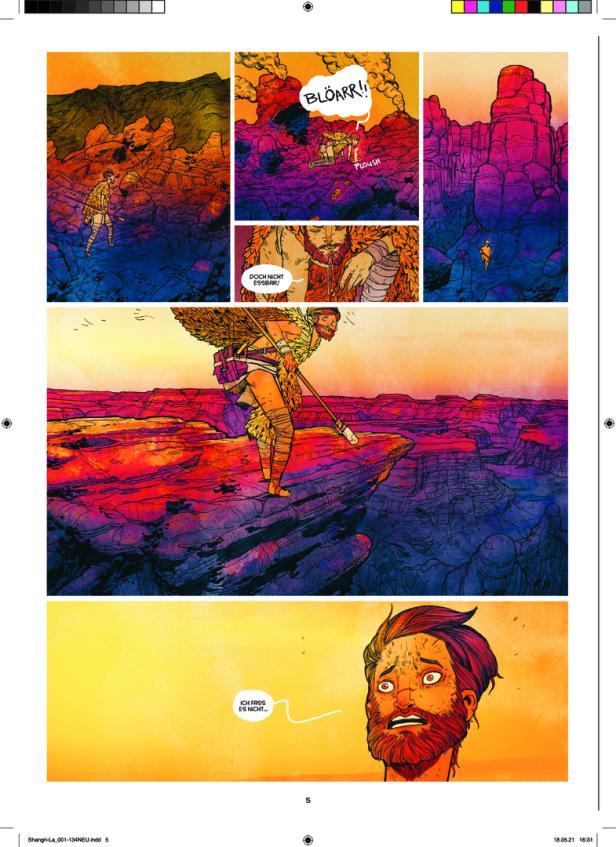 Comicseite mit einem Mann in Fellkleidung vor einer Canyon-Landschaft.