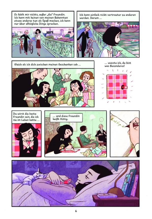 Eine Comicseite aus „Das Tagebuch der Anne Frank“ mit Anne, die in ihr Tagebuch schreibt.