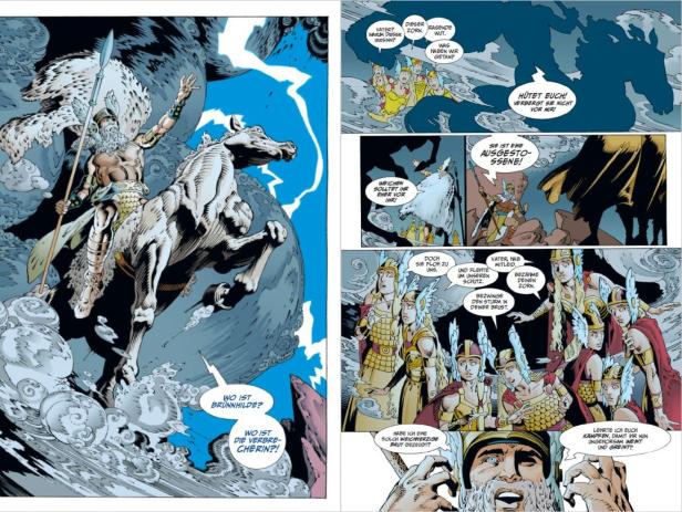 Eine Comic-Szene mit einem bärtigen Mann auf einem Pferd, der nach Brünnhilde sucht, umgeben von anderen Figuren.