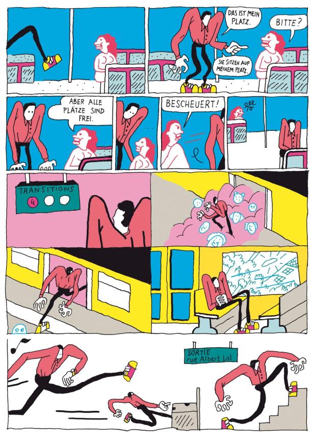 Ein Comic zeigt einen Mann in verschiedenen Situationen in einem öffentlichen Verkehrsmittel.