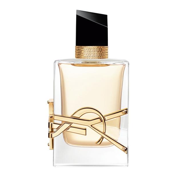 Ein Flakon des Parfüms „Libre“ von Yves Saint Laurent mit goldenem Logo.