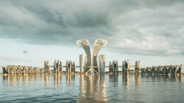 Eine futuristische Stadtlandschaft mit Wolkenkratzern spiegelt sich im Wasser.
