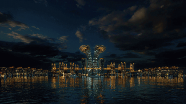 Eine futuristische Stadtlandschaft mit beleuchteten Gebäuden am Wasser bei Nacht.