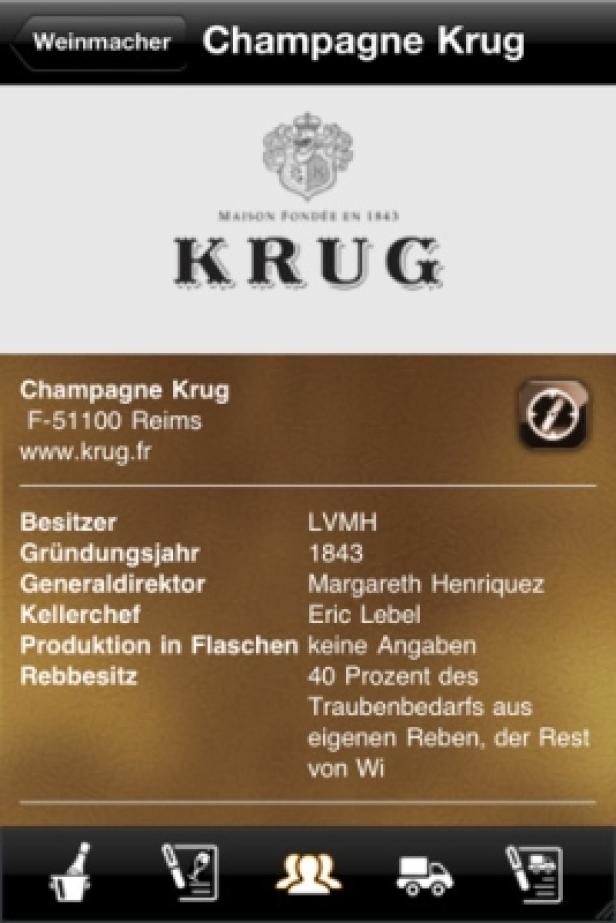 Ein Screenshot der „Champagne Krug“-App mit Informationen über das Champagnerhaus.