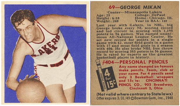 Ein Porträt von George Mikan im Lakers-Trikot mit einem Basketball.