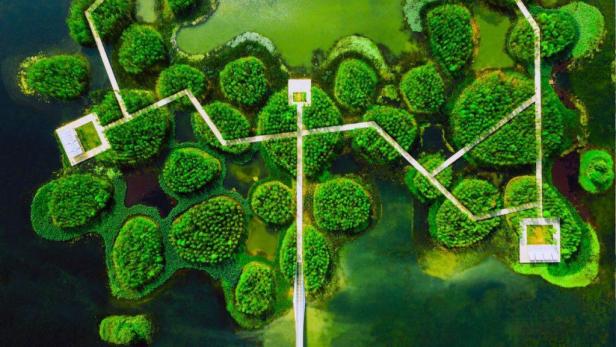 Luftaufnahme eines Parks mit kleinen Inseln, die durch einen gewundenen Steg verbunden sind.