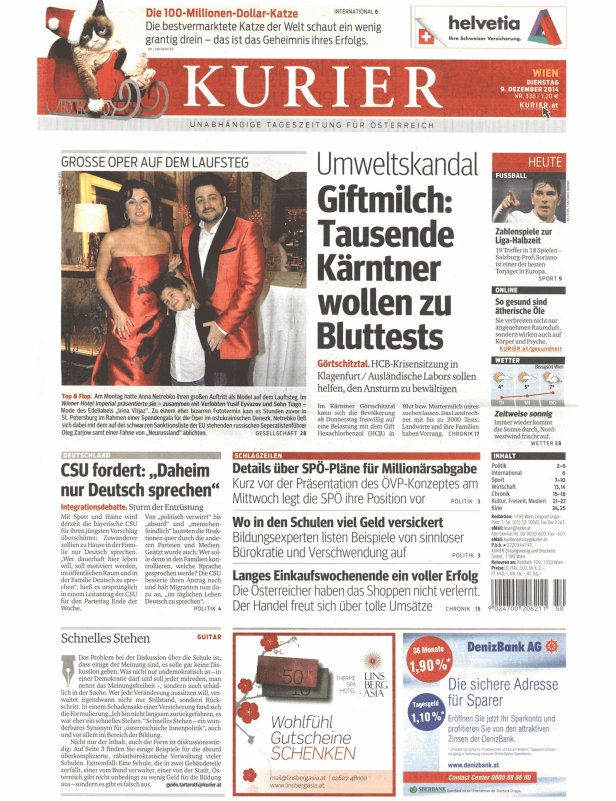 Titelseite der österreichischen Tageszeitung Kurier vom 9. Dezember 2014.
