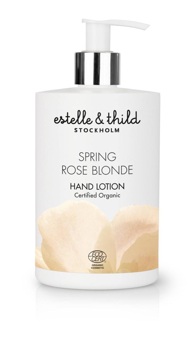 Eine Flasche „Estelle & Thild Spring Rose Blonde“ Handlotion mit Rosenblüten-Dekor.