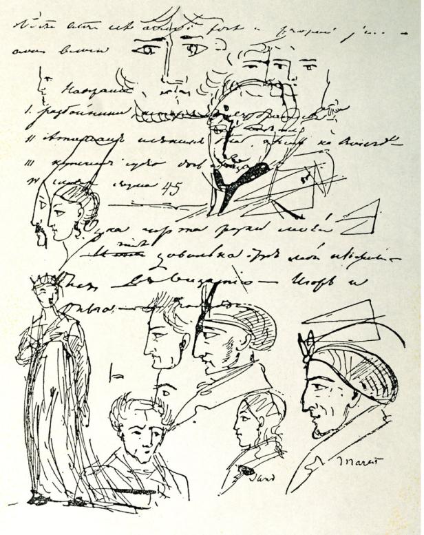 Eine Skizze mit verschiedenen Porträts und handschriftlichen Notizen.