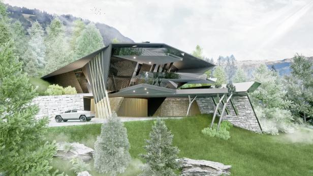 Ein futuristisches Haus mit einem Tesla Cybertruck davor, eingebettet in eine Berglandschaft.