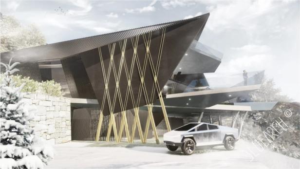 Ein futuristisches Haus mit einem Tesla Cybertruck im Schnee.