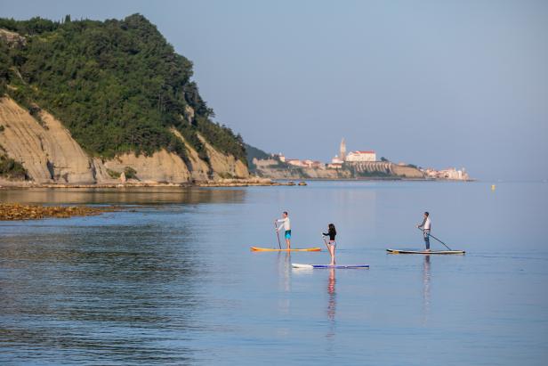 Drei Personen stehen auf Stand-Up-Paddleboards auf dem ruhigen Wasser vor einer Küstenstadt.