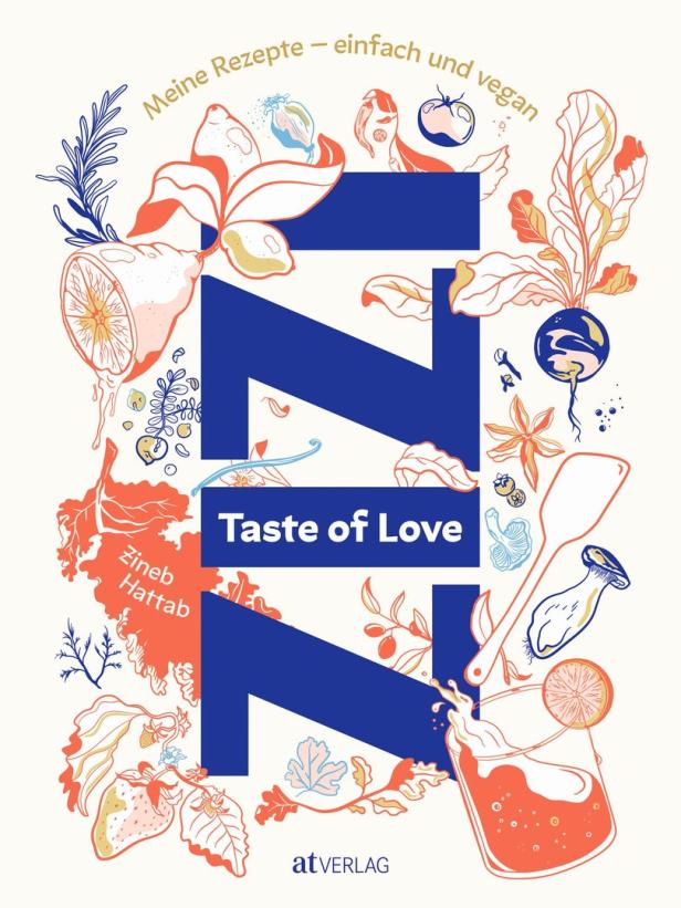Das Cover des Kochbuchs „Taste of Love“ von Zineb Hattab mit Illustrationen von Zutaten.