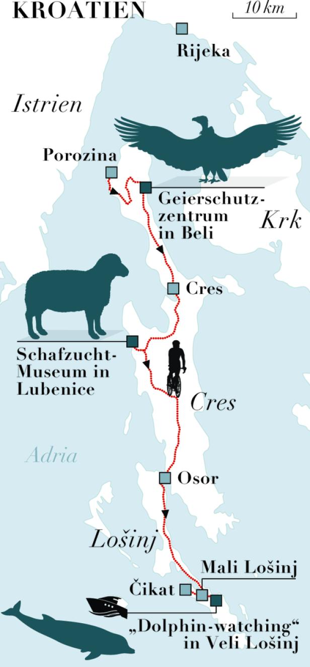 Eine Karte von Cres und Lošinj in Kroatien mit Sehenswürdigkeiten und einer Radroute.