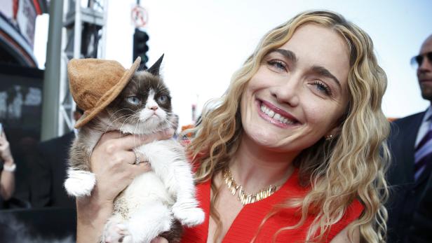 Eine lächelnde Frau hält die Katze Grumpy Cat, die einen Hut trägt.