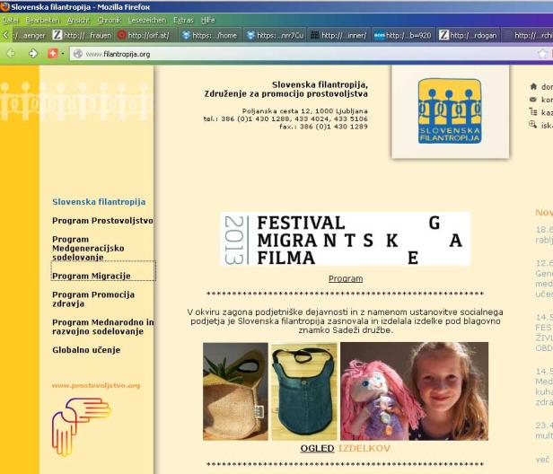Die Webseite der Slovenska filantropija mit Informationen zu Programmen und Projekten.