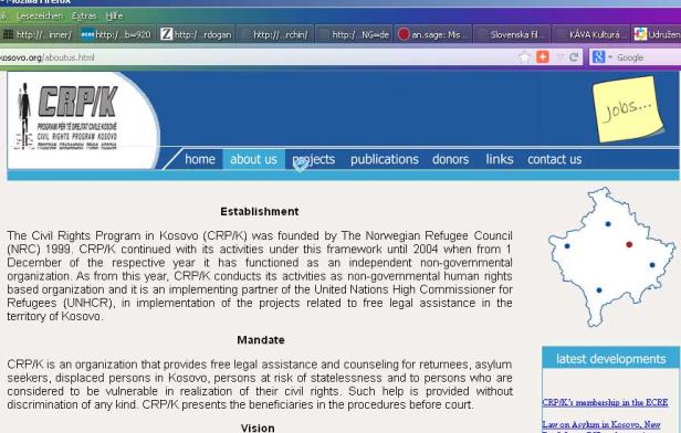 Die Webseite des Civil Rights Program Kosovo (CRP/K) mit Informationen über die Organisation.