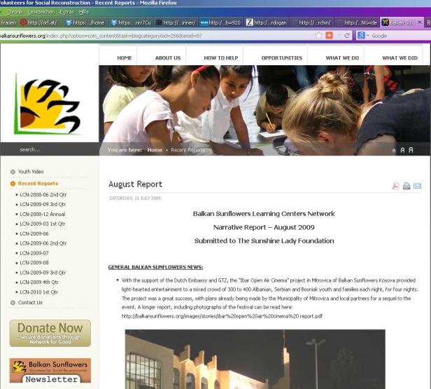 Eine Webseite der Balkan Sunflowers Learning Centers Network mit dem Titel „August Report“.
