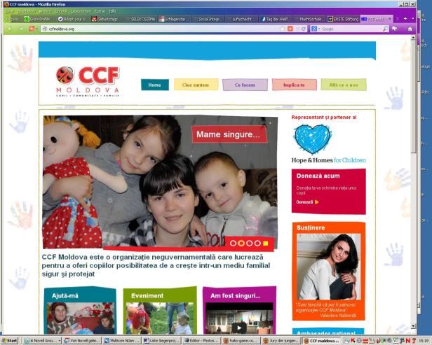 Eine Webseite von CCF Moldova mit Fotos von Kindern und Informationen über die Organisation.