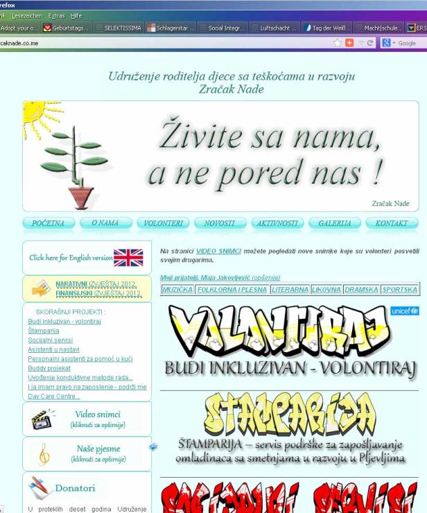 Die Webseite des Vereins „Zračak Nade“ für Eltern von Kindern mit Entwicklungsstörungen.
