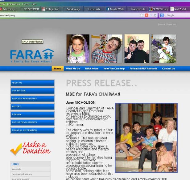 Die Webseite der FARA Charity, einer Organisation für benachteiligte Kinder in Rumänien.