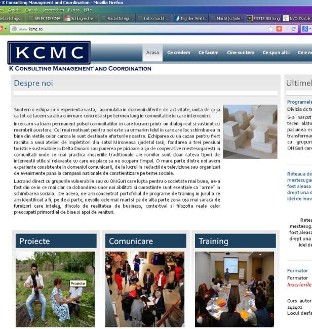 Die Webseite von KCMC (K Consulting Management and Coordination) mit Informationen über Projekte, Kommunikation und Training.