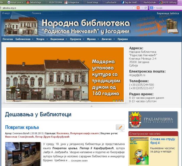 Die Webseite der Narodna Bibliothek „Radislav Nikčević“ in Jagodina, Serbien.
