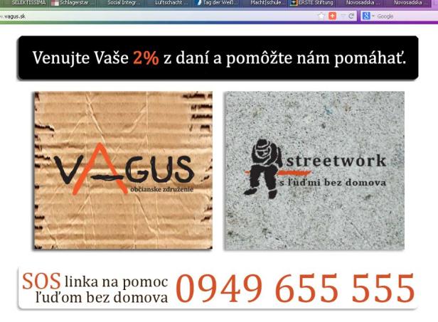Logos der slowakischen Wohltätigkeitsorganisationen Vagus und Streetwork, die Spenden für Obdachlose sammeln.